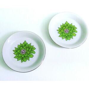 Creative Japan Trinket Tray Set 2 Ring Butter Dish 4" Coleus Plant White Gold